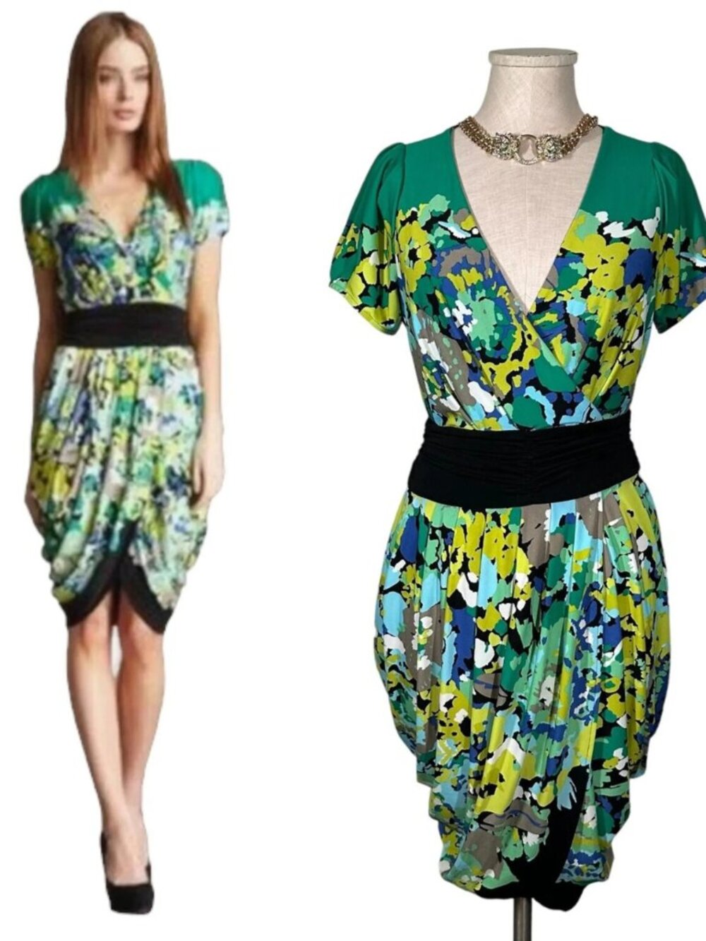 BCBGMAXAZRIA floral puff-sleeve mini dress with tulip-style skirt size L